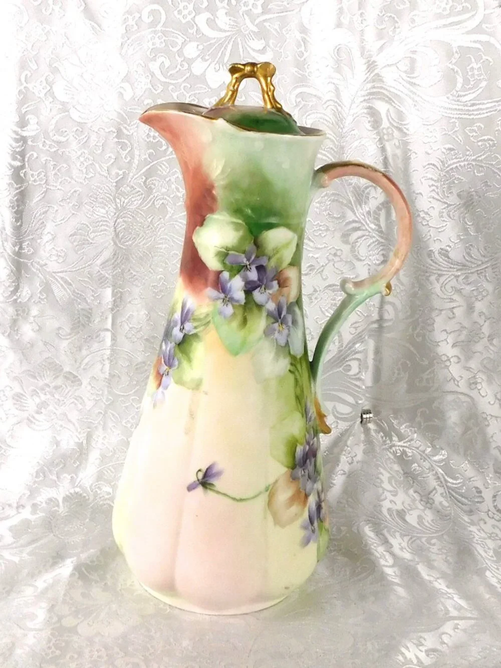 Unmarked Tall Slender Green Chocolate Pot with Purple Flowers  # 27271